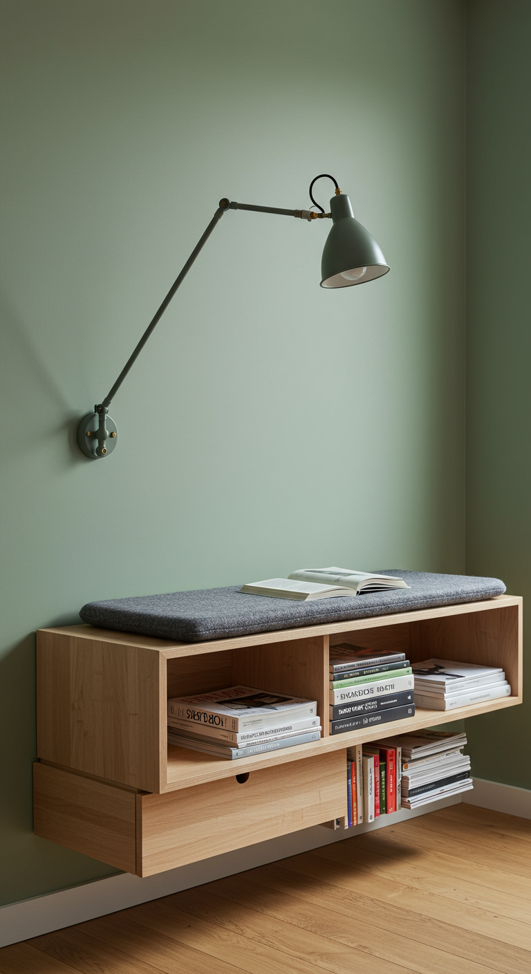 Schwebendes Holzregal mit Sitzpolster, Büchern und schwenkbarer Wandlampe.