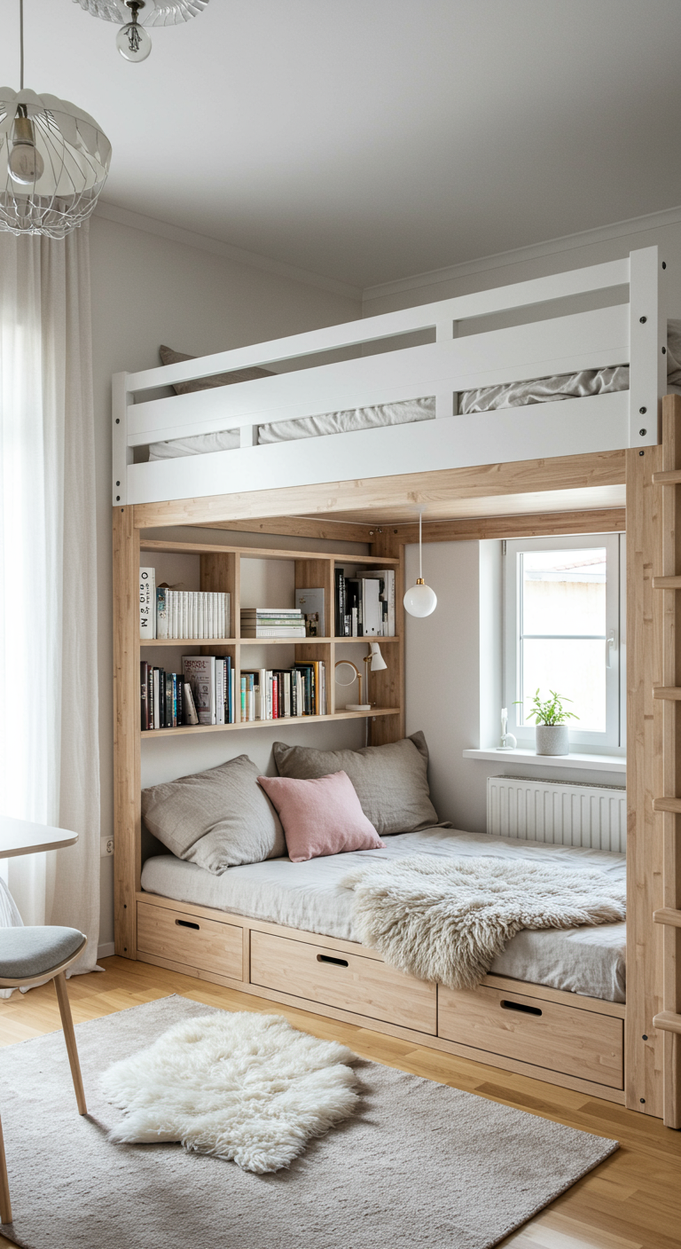Helles Hochbett im skandinavischen Stil mit Leseecke, Schubladen und Schaffell-Teppich.