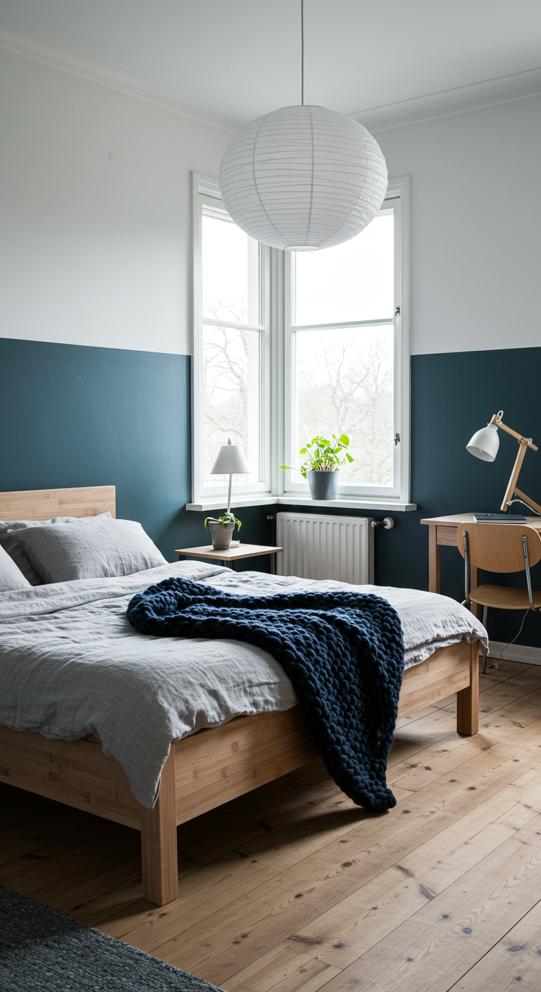 Skandinavisches Schlafzimmer mit halbhoch gestrichener dunkelblauer Wand und Holzbett.