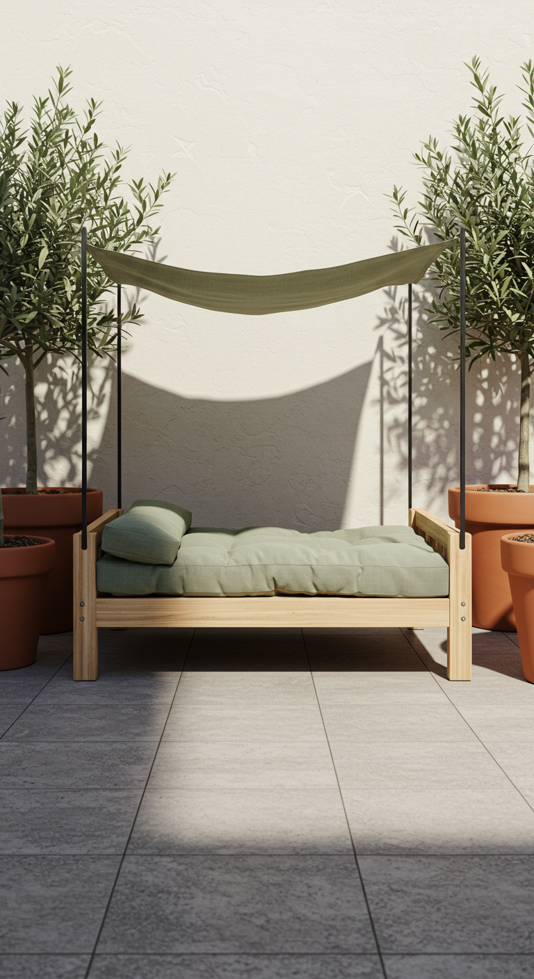 Minimalistisches Haustier-Daybed mit olivgrünem Sonnendach auf einer hellen Terrasse.