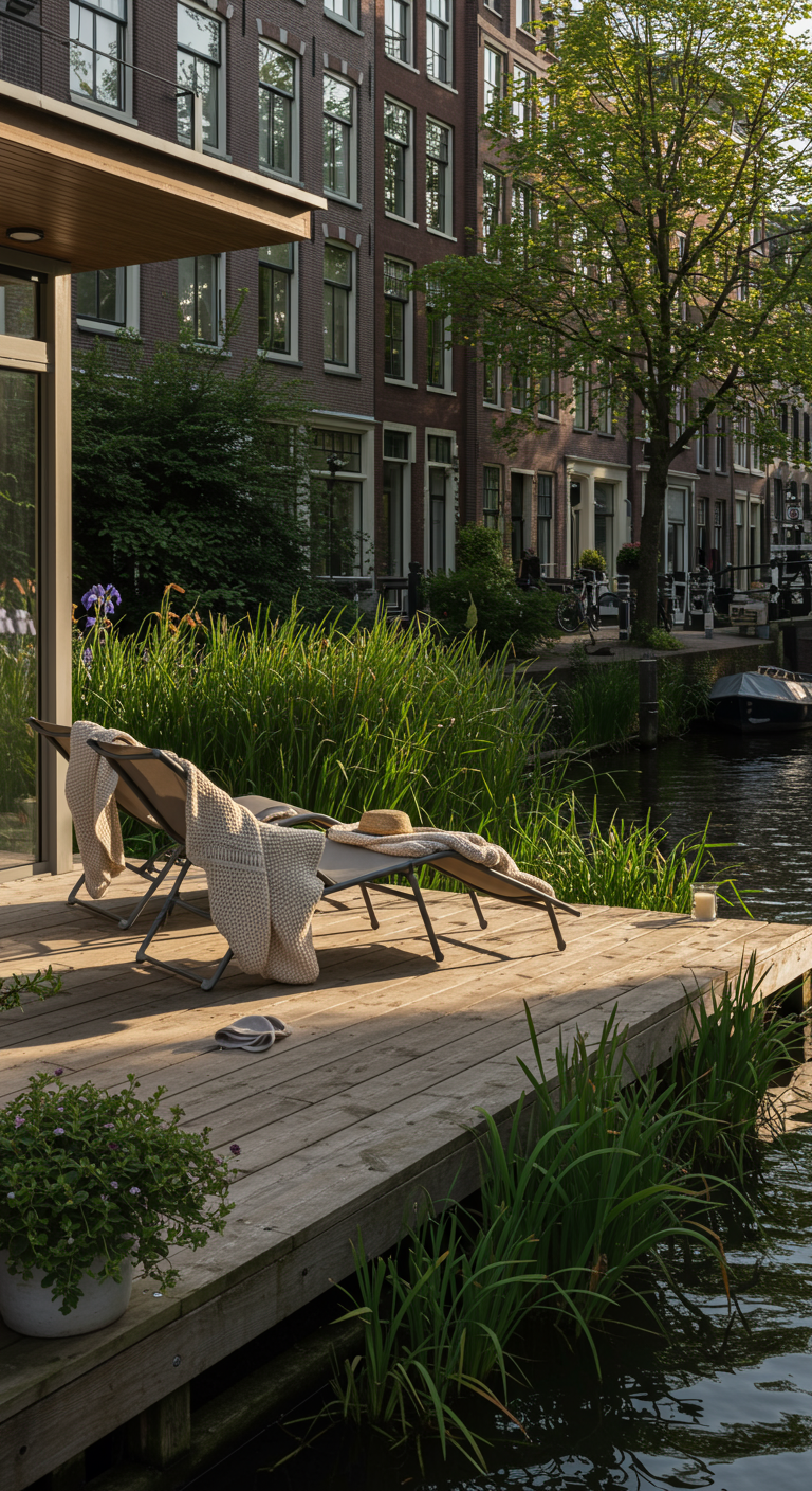 Zwei Sonnenliegen mit Decken auf einem Holzdeck an einer Gracht.