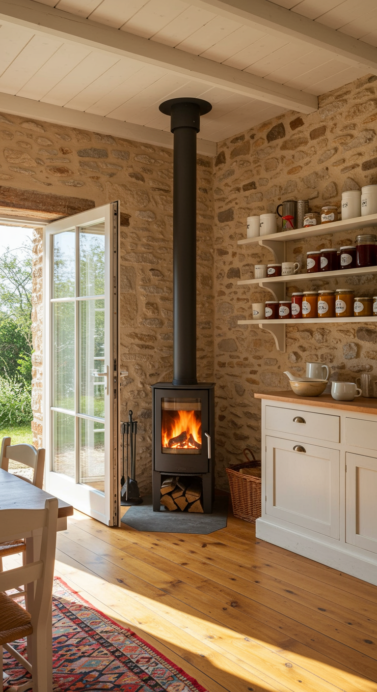Helle Landhausküche mit Natursteinwand und modernem Holzofen.
