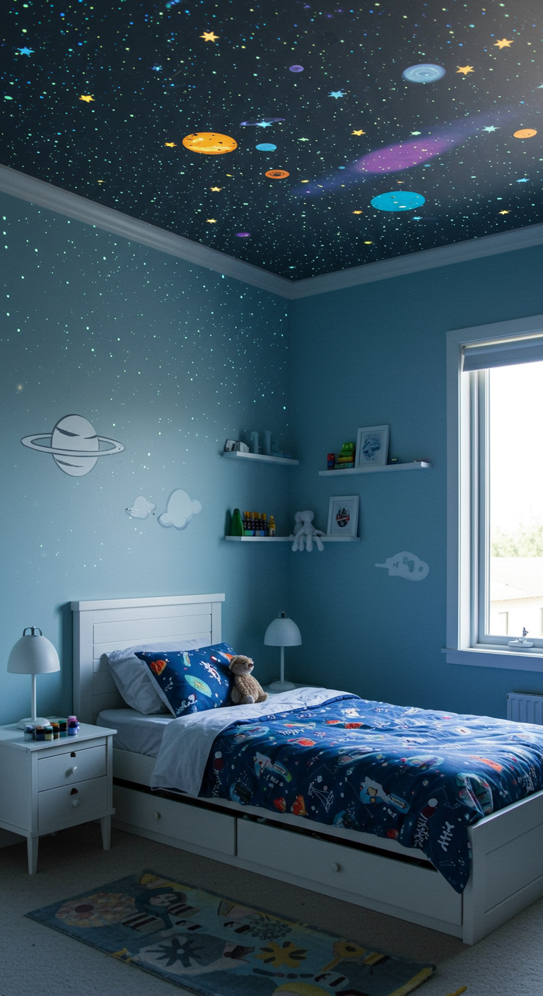 Kinderzimmer mit blauem Sternenhimmel an der Decke und Planeten-Motiven.