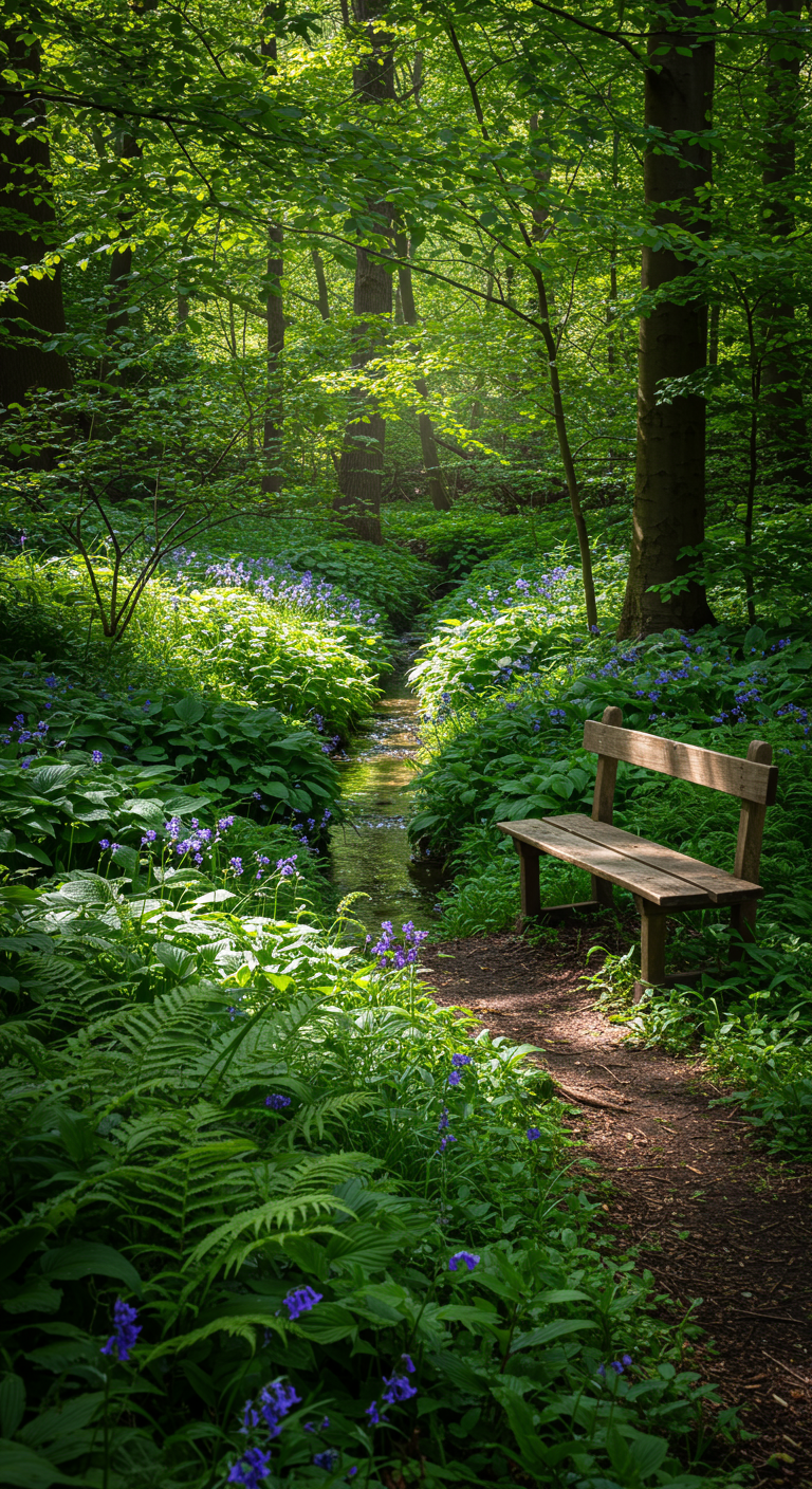 Einfache Holzbank an einem Bachlauf in einem Wald voller Farne und blauer Hasenglöckchen.