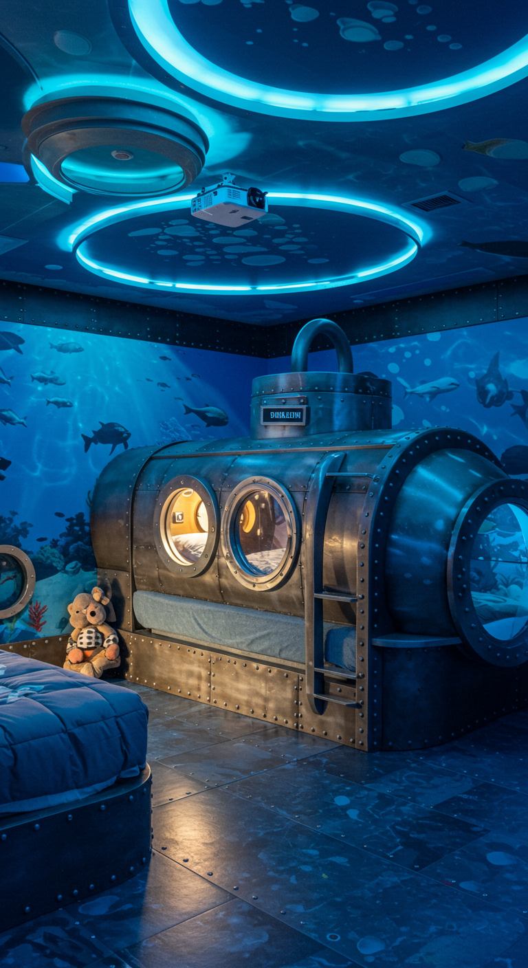 Kinderzimmer mit einem Bett in Form eines U-Boots und Unterwasser-Thematik.