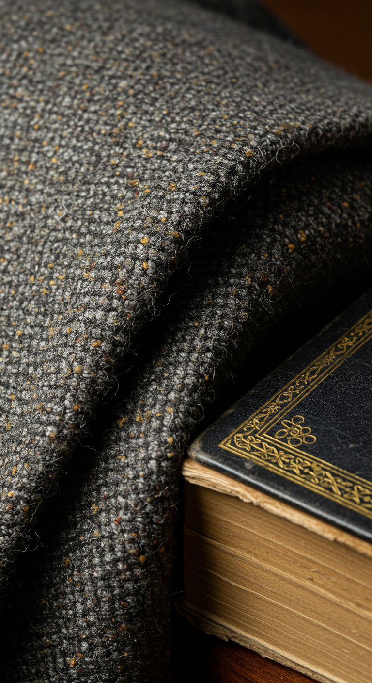 Nahaufnahme eines alten Buches mit Goldprägung neben einem Tweed-Stoff.