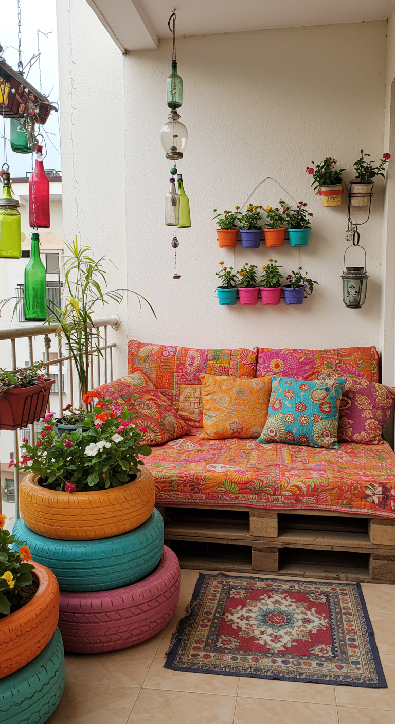DIY-Balkon mit Palettensofa, bunten Autoreifen als Pflanzkübel und farbigen Flaschen.