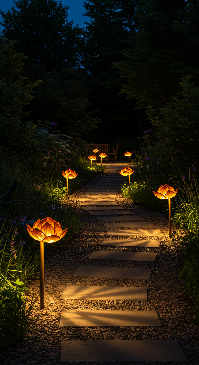 Gartenweg mit Kies und Trittsteinen, beleuchtet von Lotusblumen-förmigen Solarleuchten.