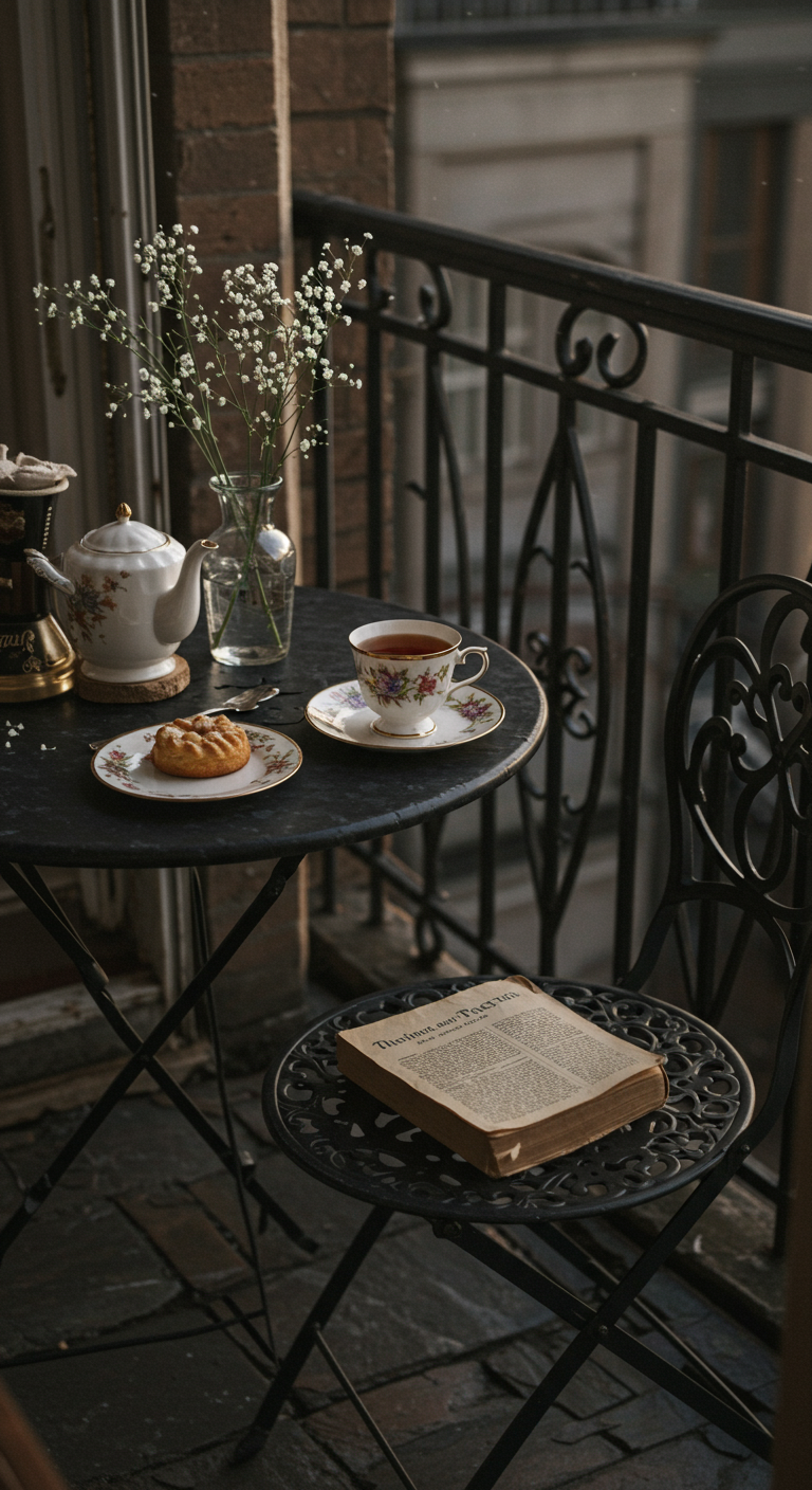 Vintage-Teetasse und aufgeschlagenes Buch auf einem schwarzen Bistro-Tisch.