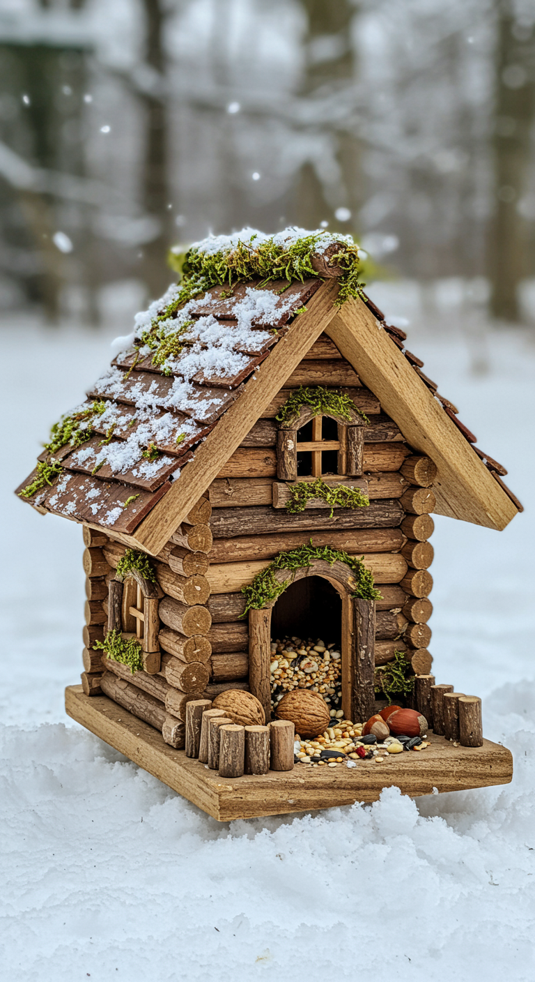 Verschneites Mini-Chalet als Futterstelle