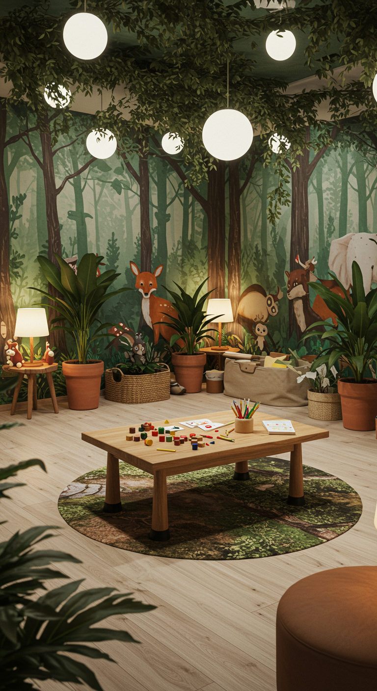 Spielzimmer mit großem Waldtier-Wandgemälde, Holztisch und runden Deckenleuchten.