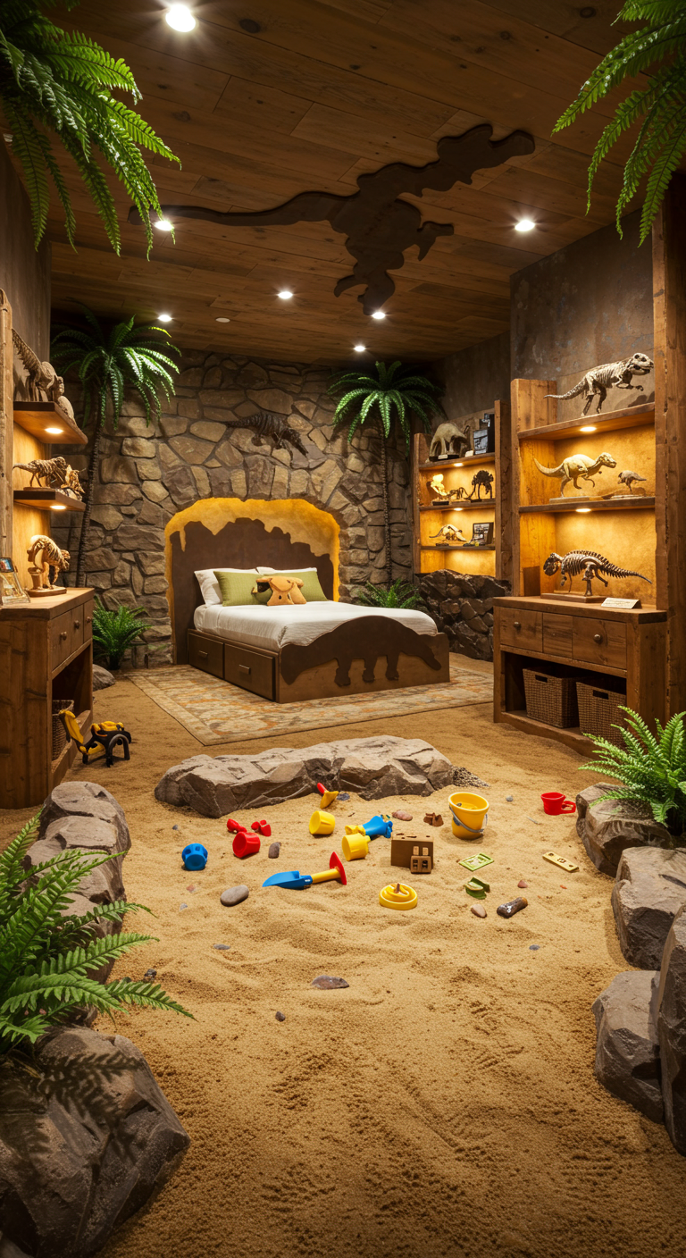Dinosaurier-Themenzimmer mit Sandspielbereich und Fossilien-Deko.