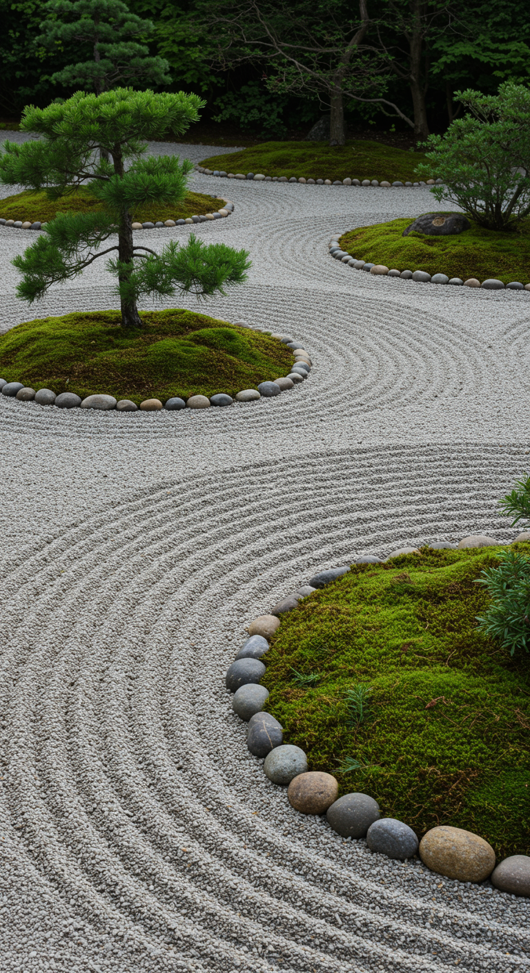 Japanischer Zen-Garten mit geharktem Kies und Moosinseln.