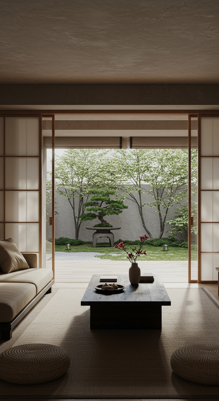 Japandi-Wohnzimmer mit Schiebetüren, Blick auf Zen-Garten, niedrige Möbel.