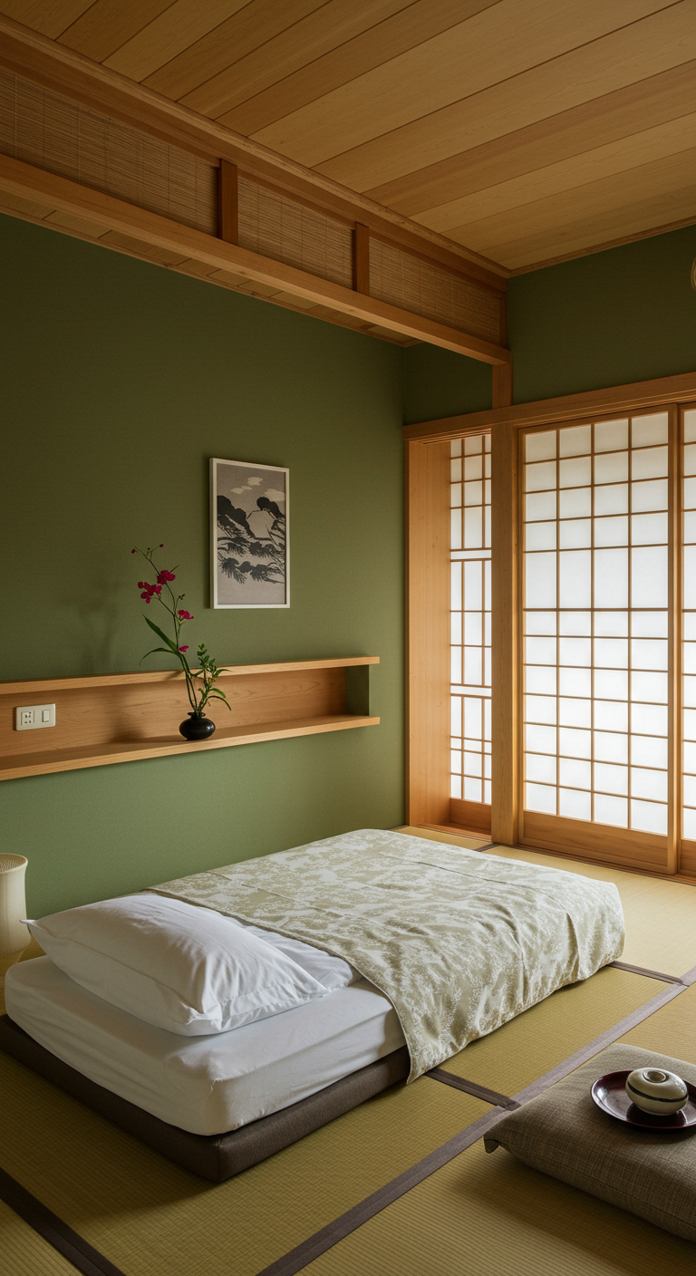 Minimalistisches Schlafzimmer im japanischen Stil mit olivgrünen Wänden.