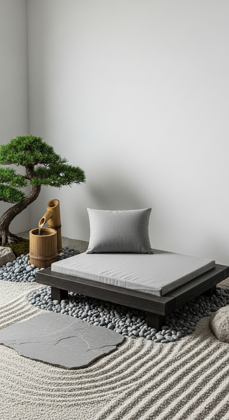 Flaches Holzbett mit grauem Kissen in japanischem Zen-Garten mit Kies und Bonsai.
