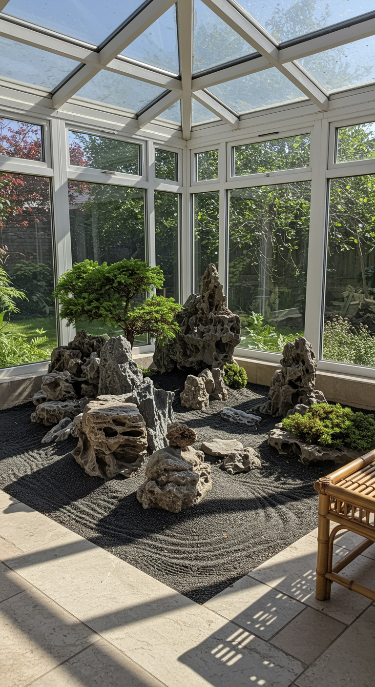 Miniatur-Zen-Garten mit dunklem Sand, Felsen und Bonsais in einem hellen Wintergarten.