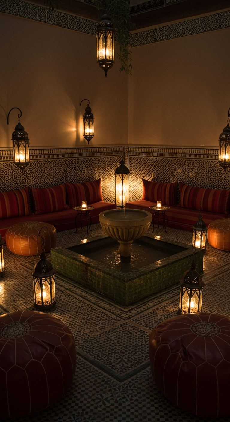 Gemütlicher marokkanischer Salon mit roten Sofas, einem Brunnen und vielen Laternen.