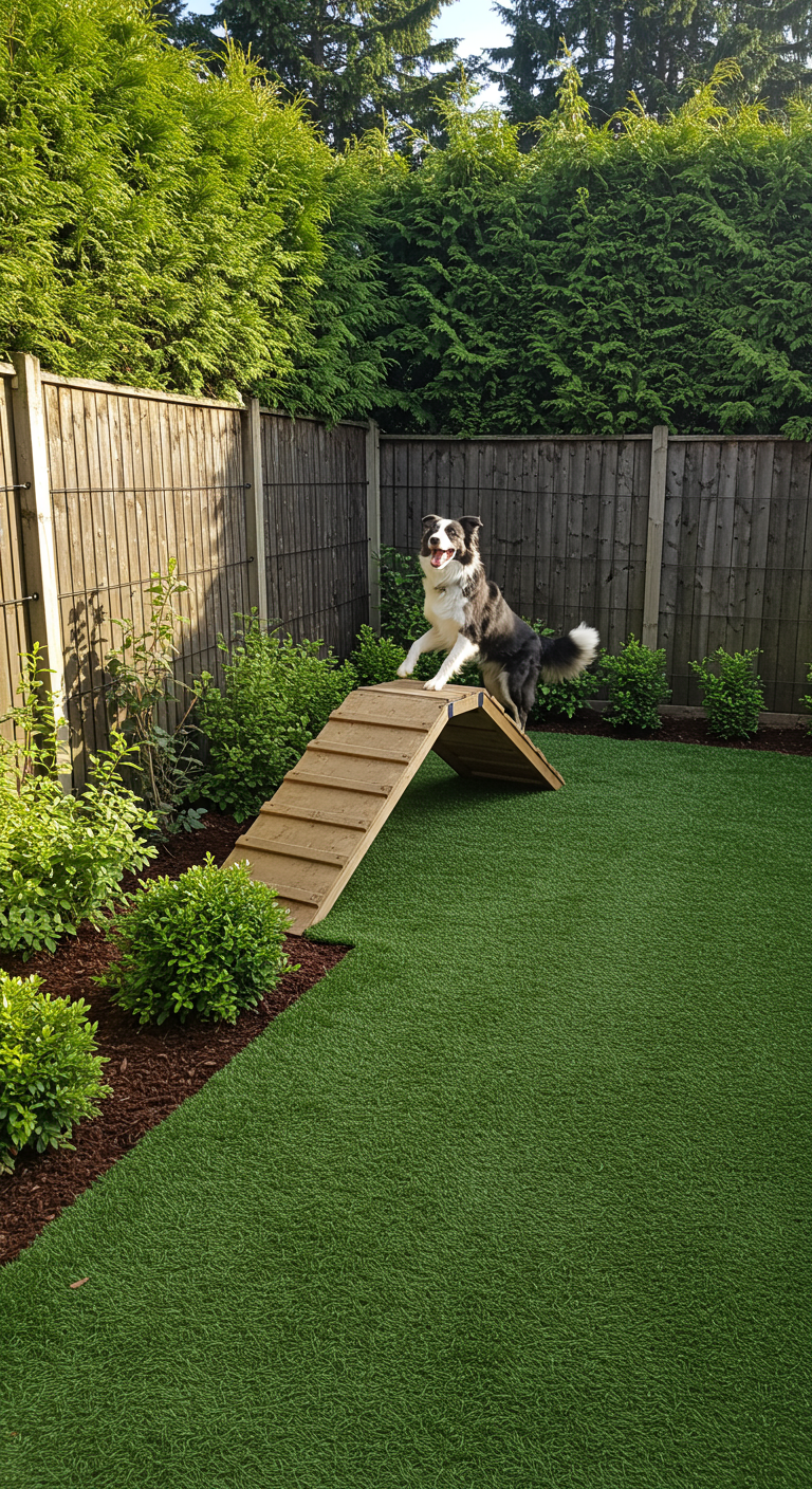 Border Collie auf Holzrampe in umzäuntem Garten mit Kunstrasen und Hecken