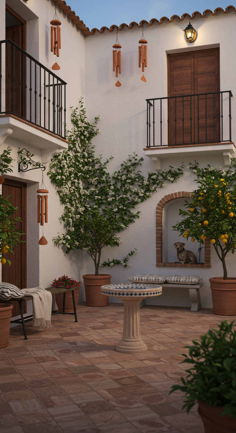 Spanischer Innenhof mit Terrakotta-Windspielen, Orangenbäumen und Springbrunnen.