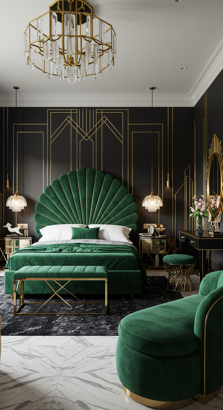 Luxuriöses Art-Déco-Schlafzimmer in Grün und Gold mit Samtbett und Marmorboden.