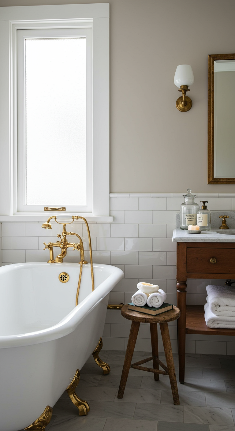 Elegantes Badezimmer mit freistehender Wanne, goldenen Armaturen und Holzwaschtisch.