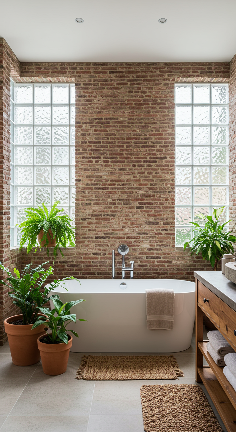 Badezimmer mit Backsteinwänden, freistehender Wanne und vielen Farnen.