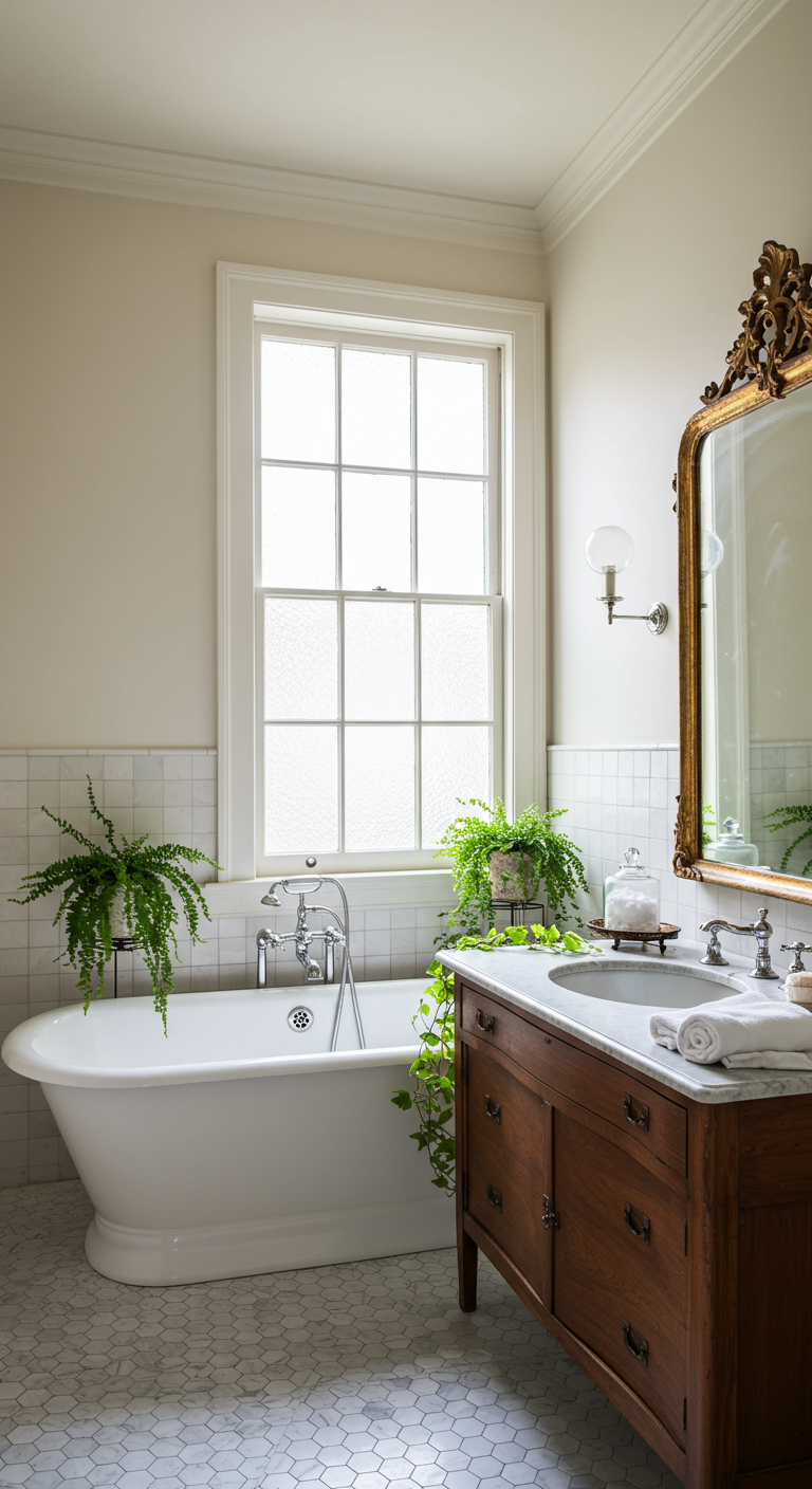 Elegantes Light Academia Badezimmer mit freistehender Wanne und goldenem Spiegel.
