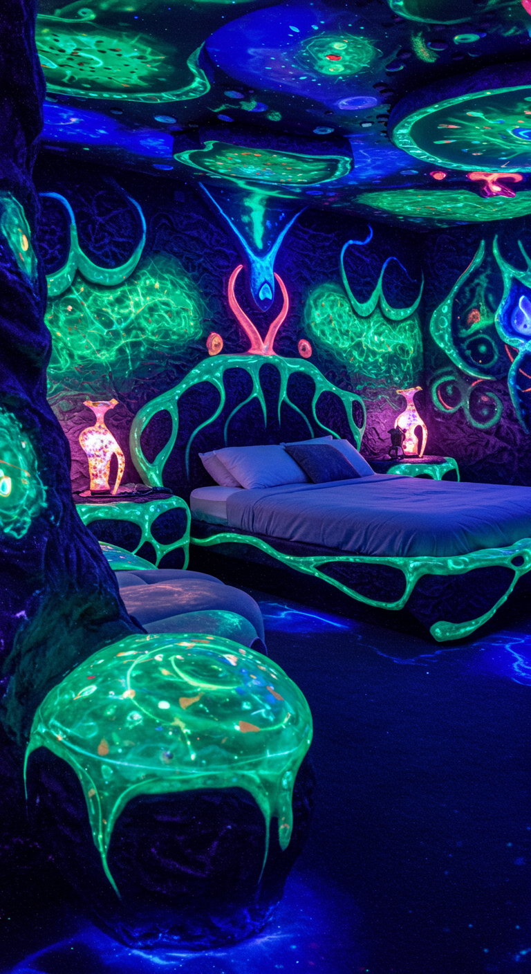 Dunkler Raum mit biolumineszierenden grünen und blauen Mustern an Wänden und Möbeln.