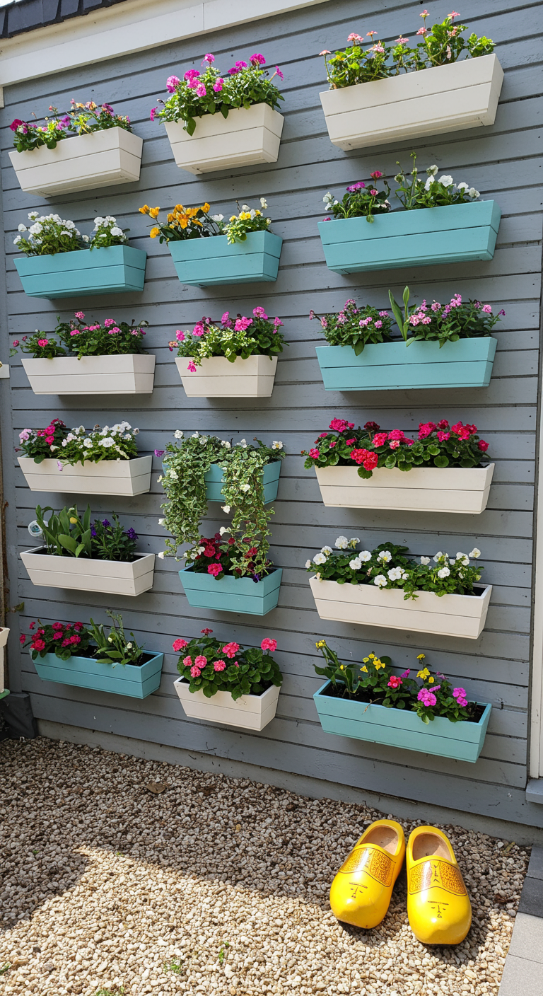 Vertikale Blumenwand mit abwechselnd weißen und türkisen Pflanzkästen.
