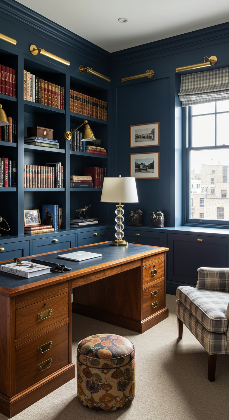 Elegantes Arbeitszimmer mit blauen, eingebauten Bücherregalen und Holzschreibtisch.