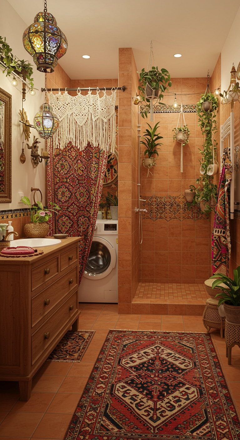 Boho-Badezimmer mit Waschmaschine hinter buntem Vorhang und vielen Pflanzen.