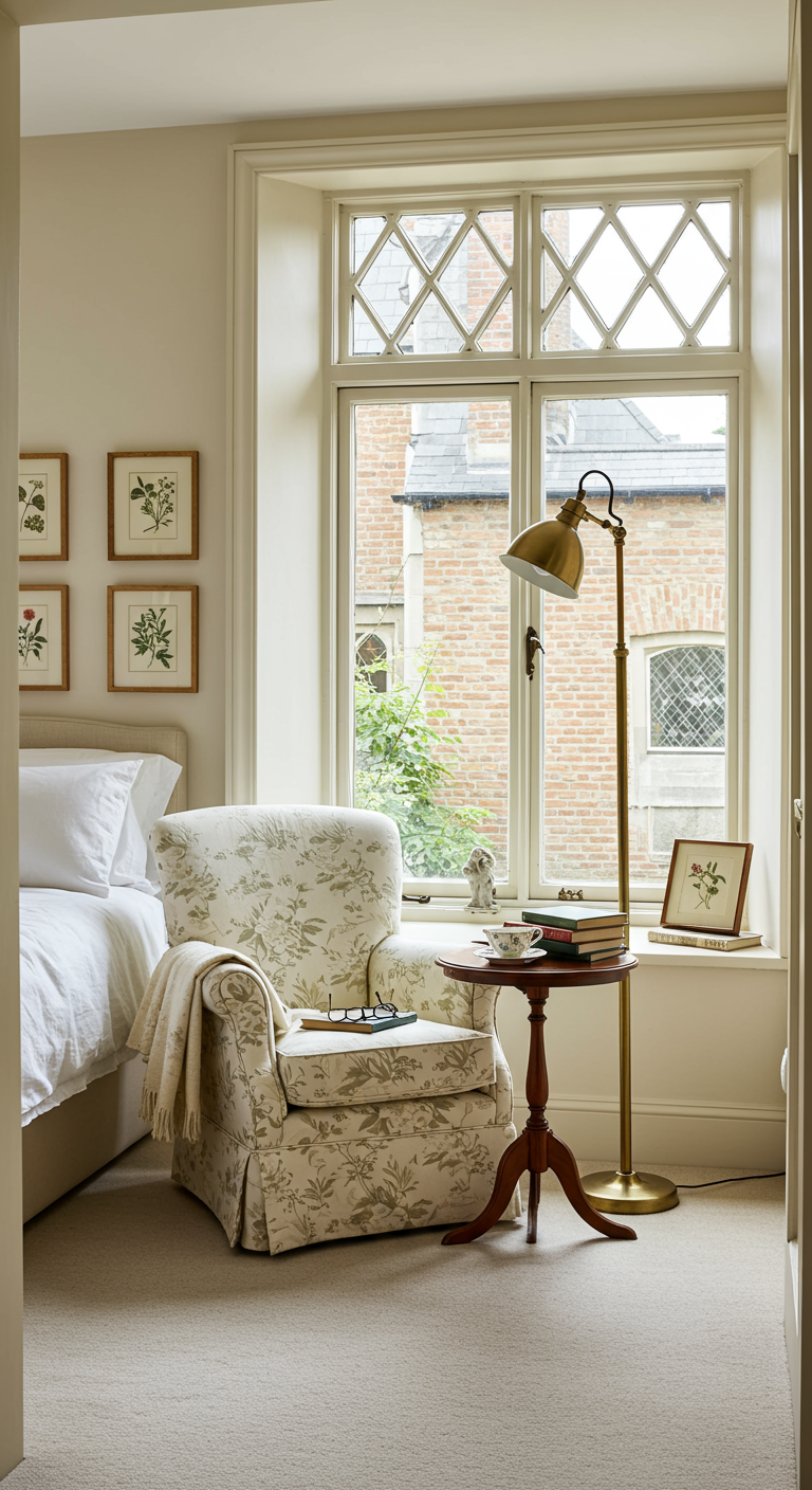 Leseecke im Schlafzimmer mit geblümtem Sessel, Sprossenfenster und botanischen Drucken.