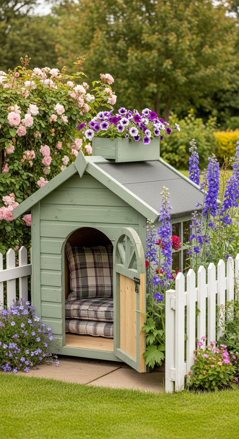 Mintgrünes Hunde-Häuschen mit Blumen auf dem Dach und karierten Kissen, umgeben von Rosen.