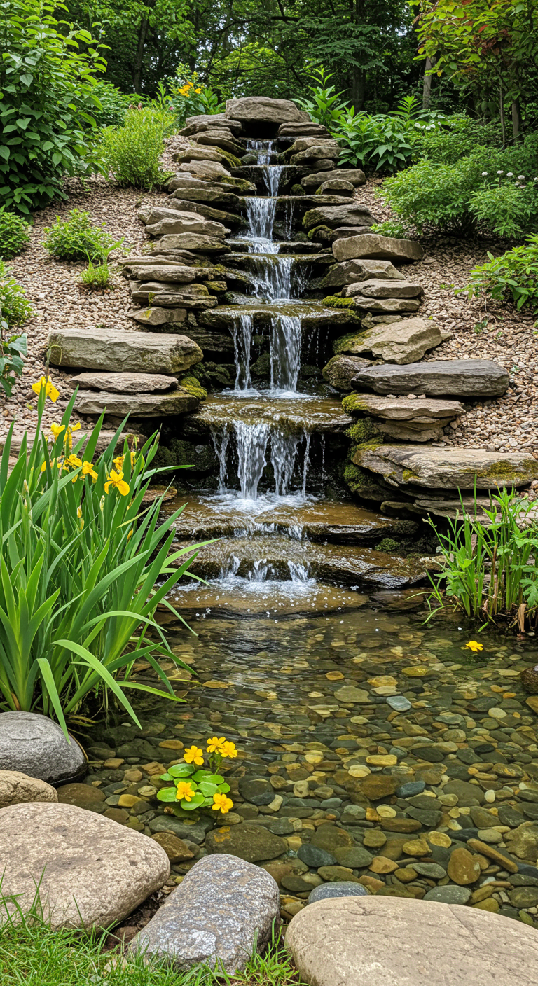 Ein kleiner Wasserfall plätschert über Steinstufen in einen Teich.