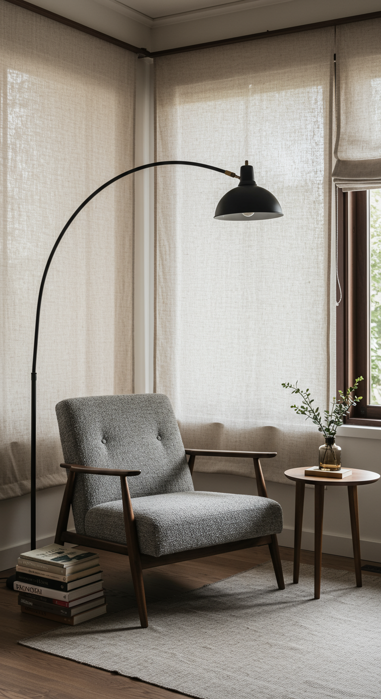 Japandi Leseecke mit grauem Sessel und Bogenlampe.
