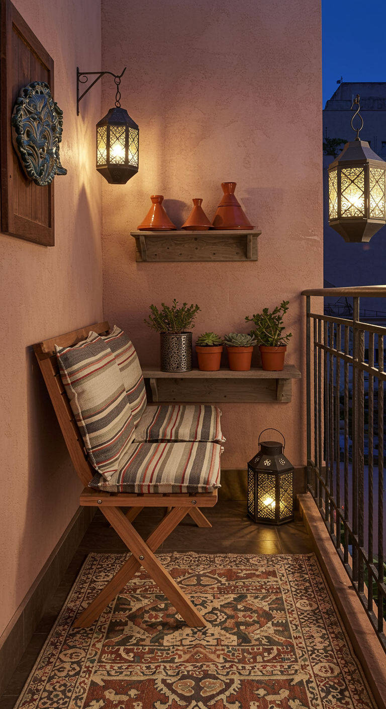 Kleiner marokkanischer Balkon mit Holzsessel, Teppich und Laterne.
