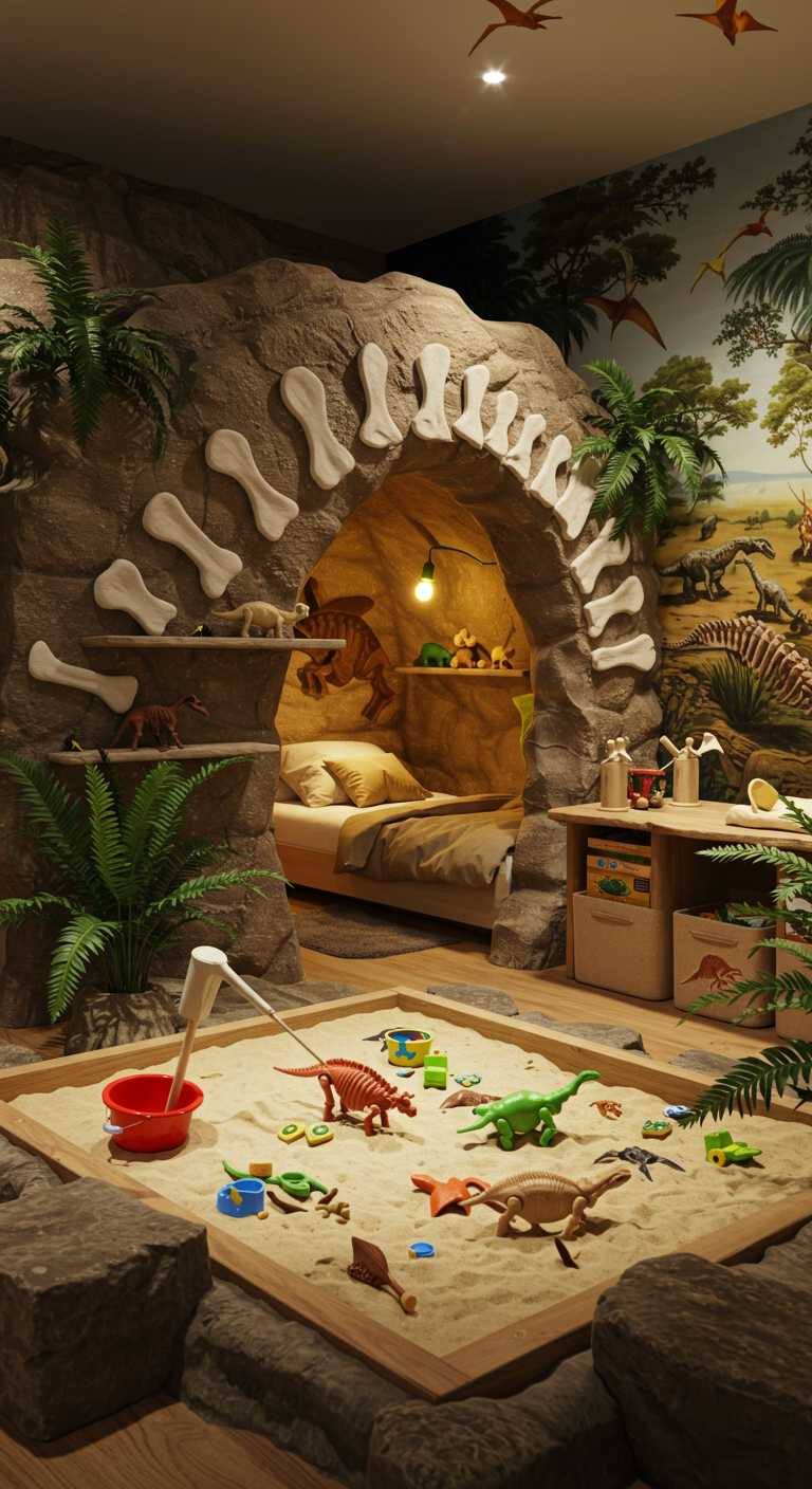 Kinderzimmer mit Dinosaurier-Thema, einer Betthöhle und einer Sandkiste zum Spielen.