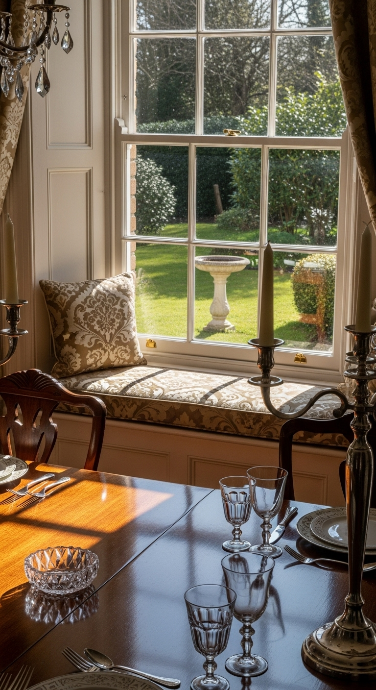 Elegante Fensterbank mit Damastpolster im klassischen Esszimmer mit Gartenblick.