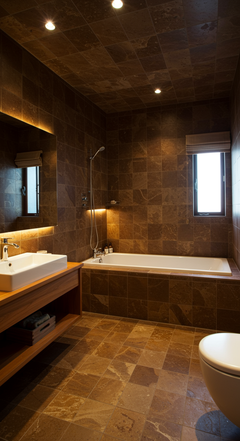 Badezimmer in Erdtönen mit Mosaikfliesen und Holzwaschtisch.