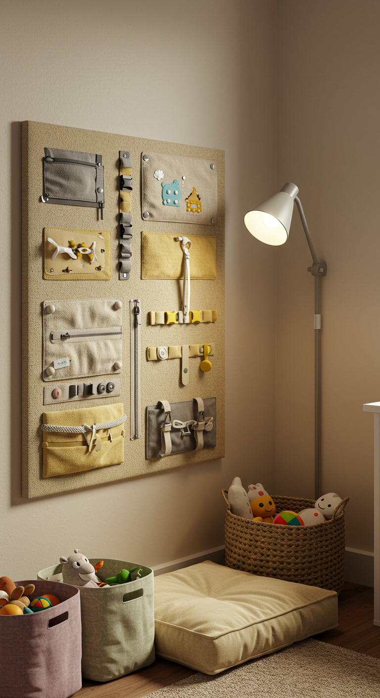 DIY-Sensorik-Board mit verschiedenen Materialien an der Wand eines Kinderzimmers.