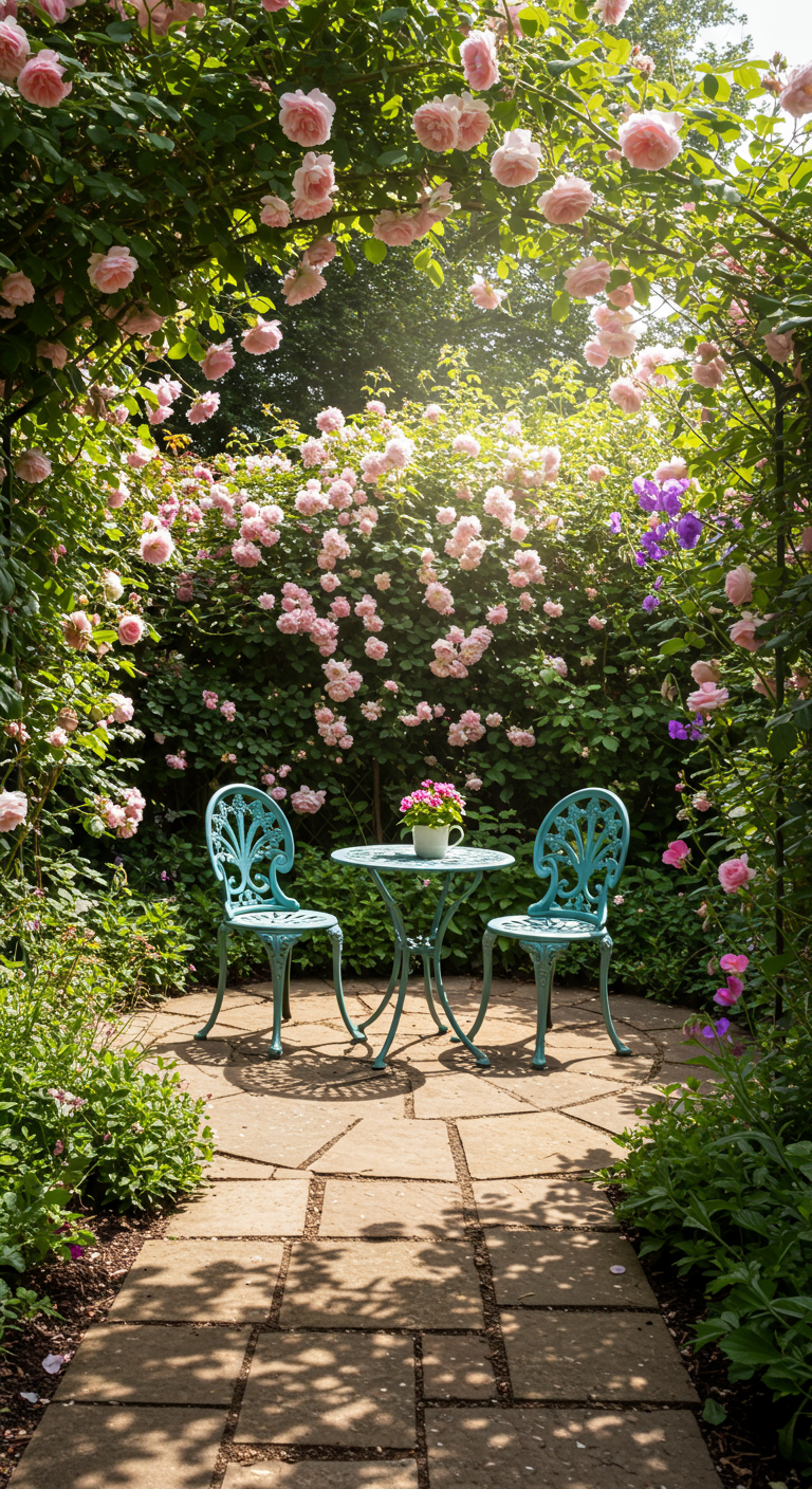 Türkisfarbenes Metall-Bistro-Set unter einem Bogen aus pinken Rosen.