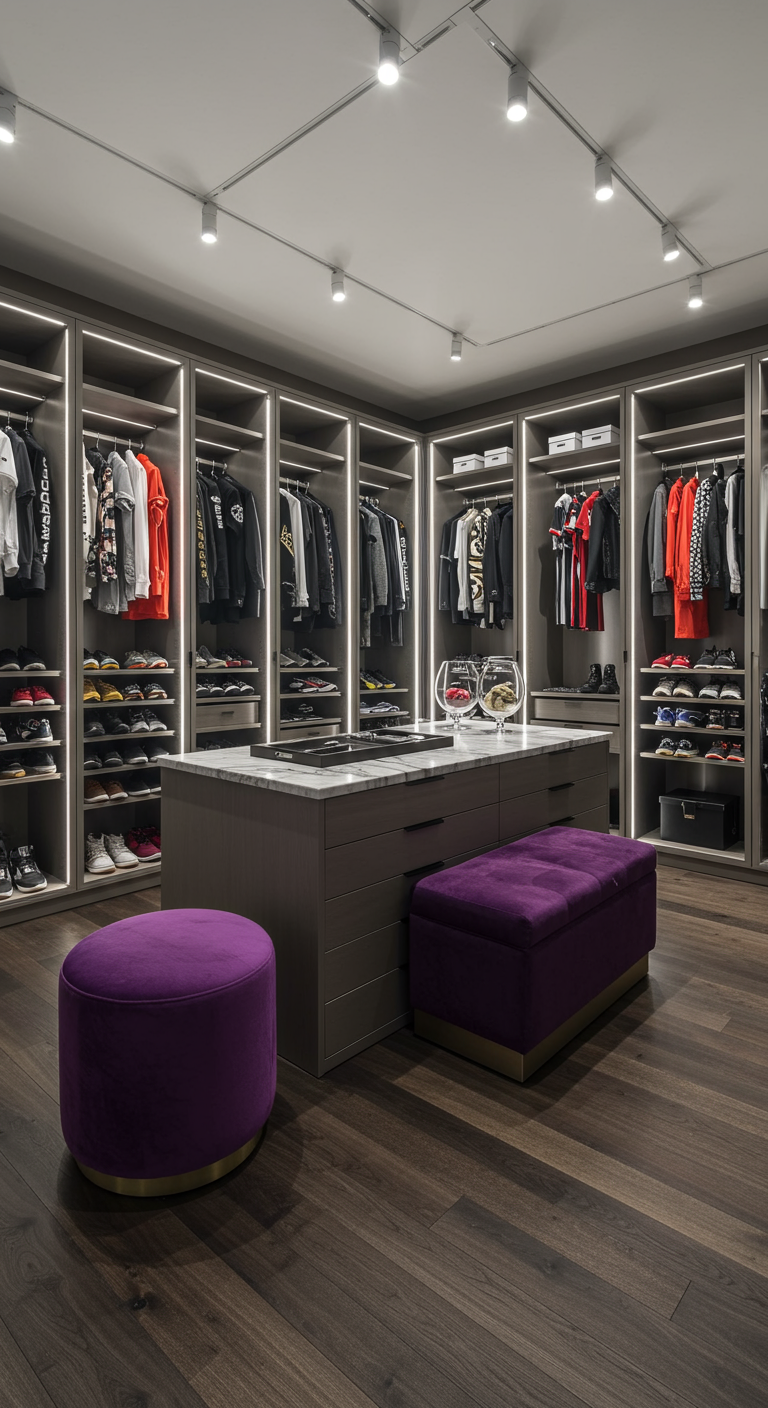 Moderner begehbarer Kleiderschrank mit beleuchteten Regalen und lila Samt-Hockern.