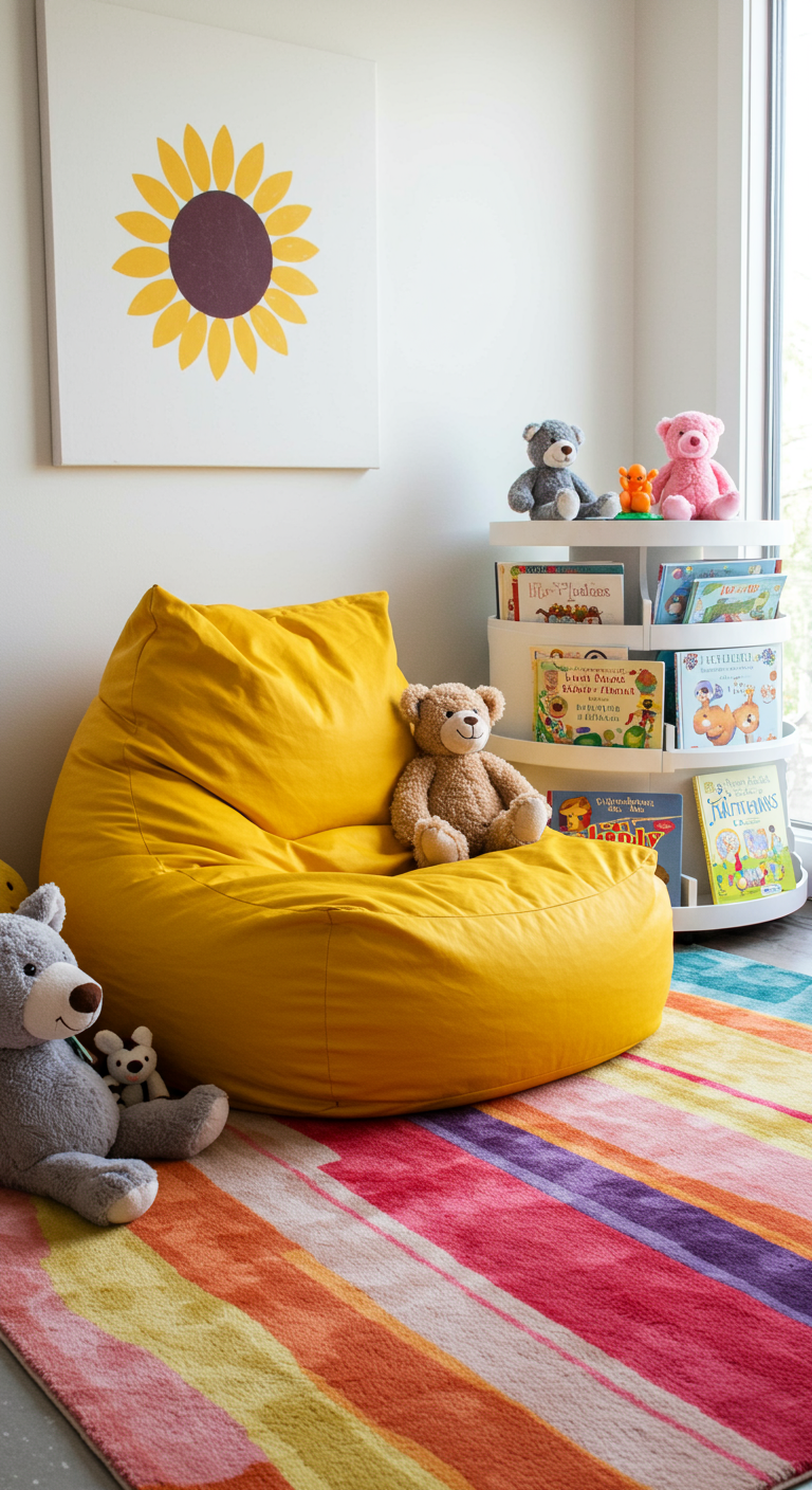 Kinderecke mit gelbem Sitzsack, niedrigem Bücherregal und buntem Teppich.