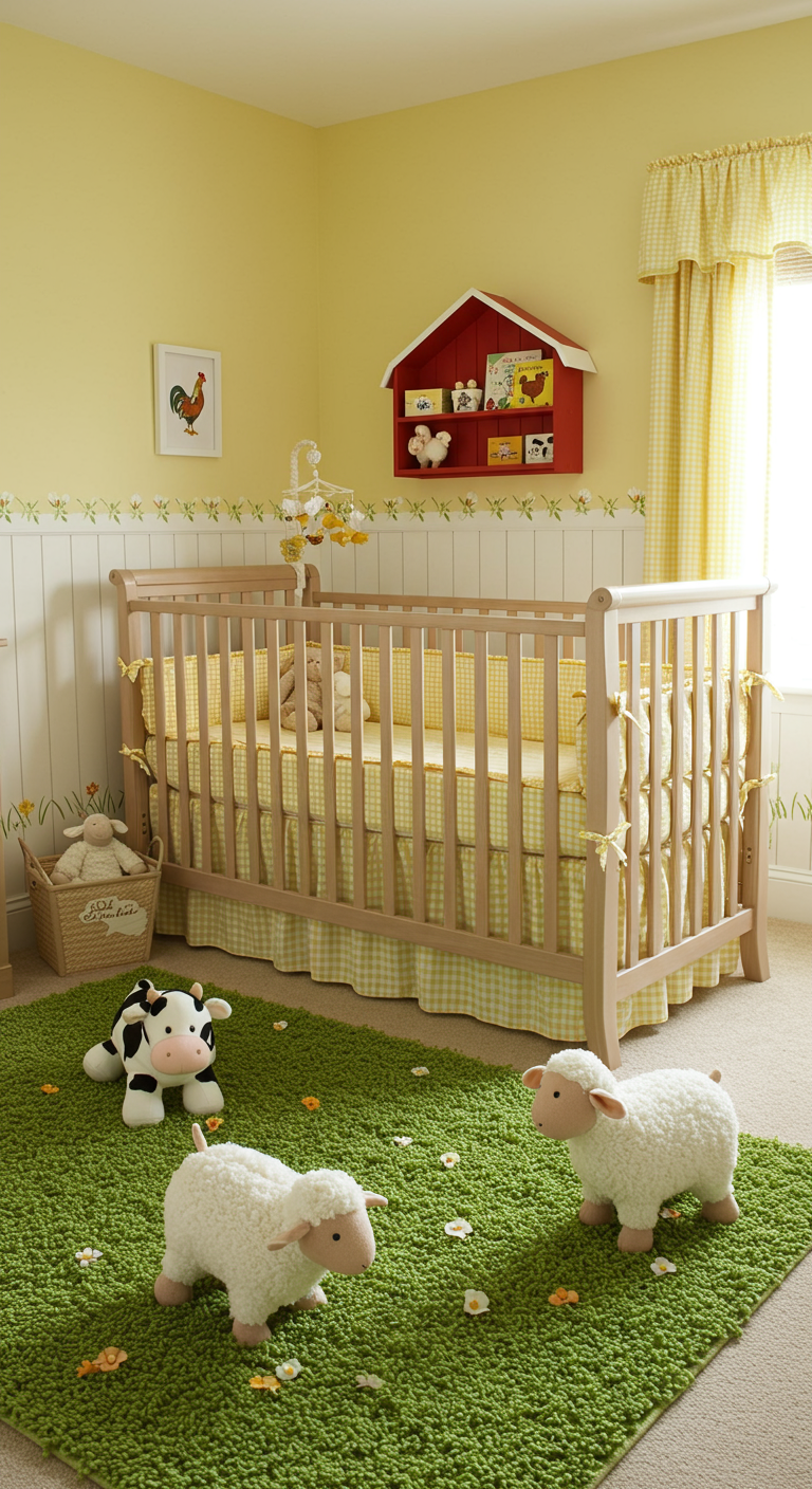Helles Babyzimmer im Bauernhof-Stil mit gelben Wänden.
