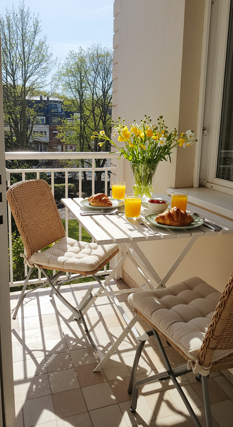 Sonniger Balkon mit weißem Klapptisch, Rattanstühlen und gedecktem Frühstückstisch.