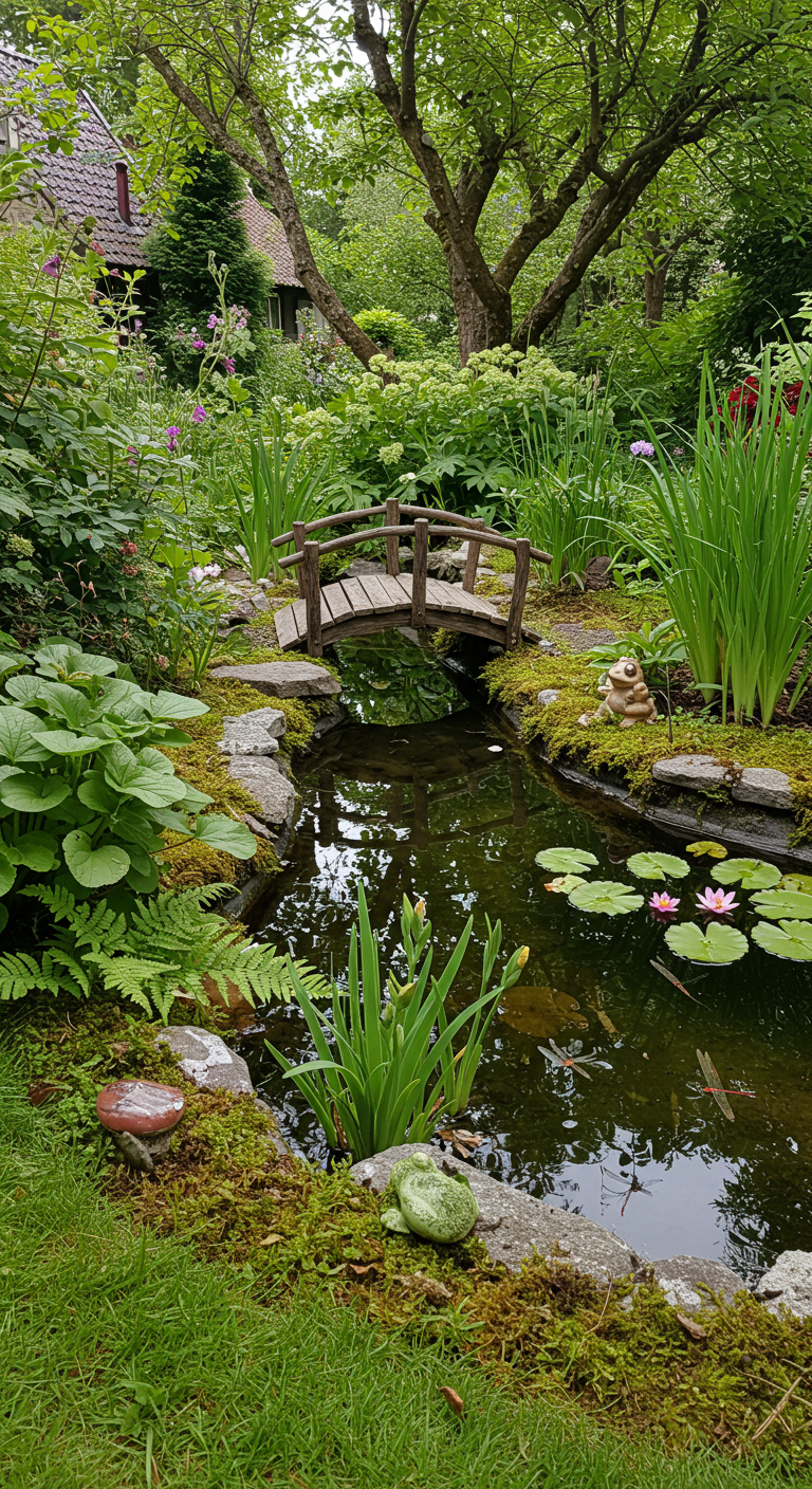 Kleiner Gartenteich mit Holzbrücke, Seerosen, Farnen und Keramikfröschen.