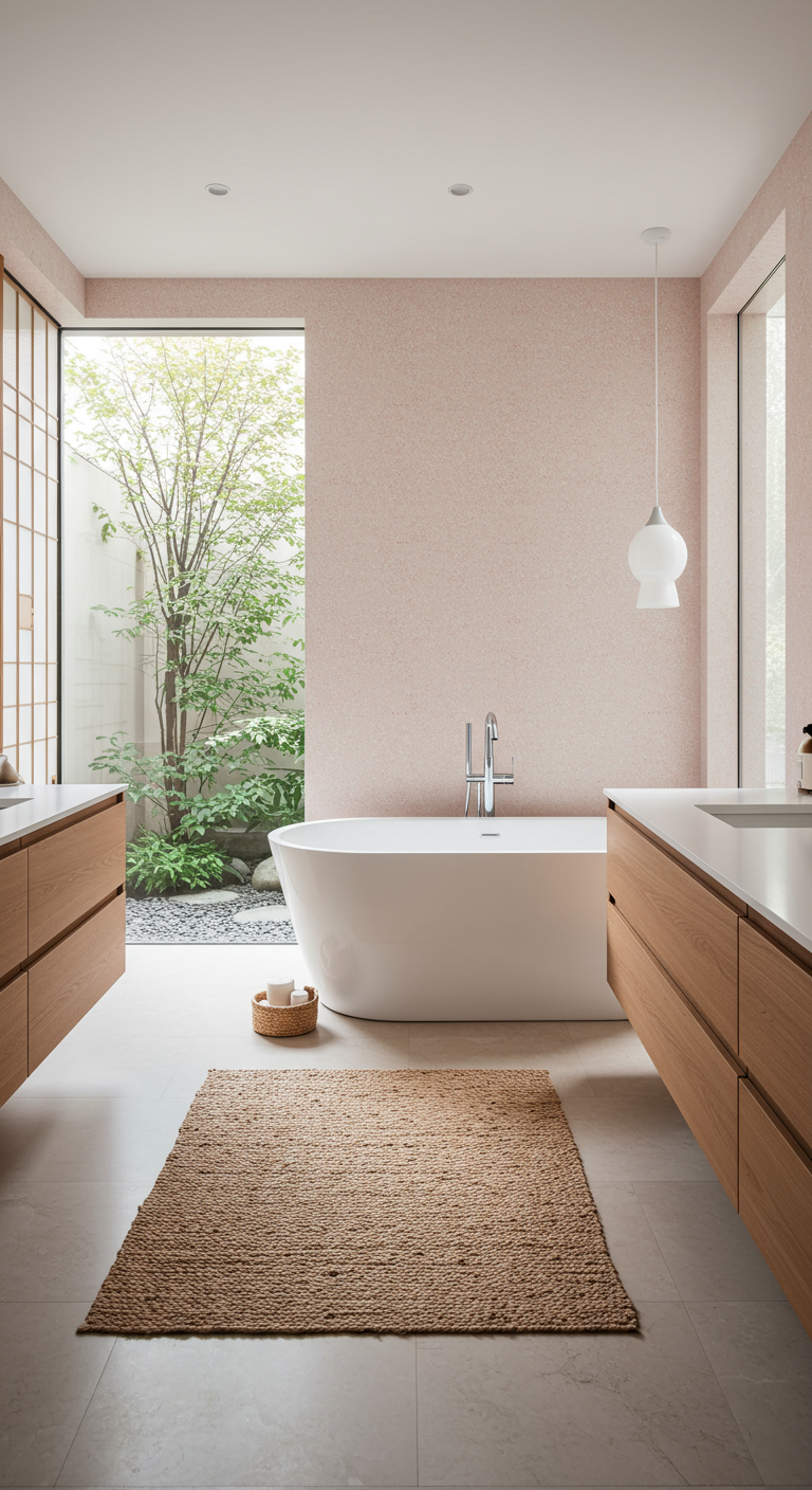Helles Japandi-Bad mit großem Fenster zum Garten, rosa Wänden und freistehender Wanne.