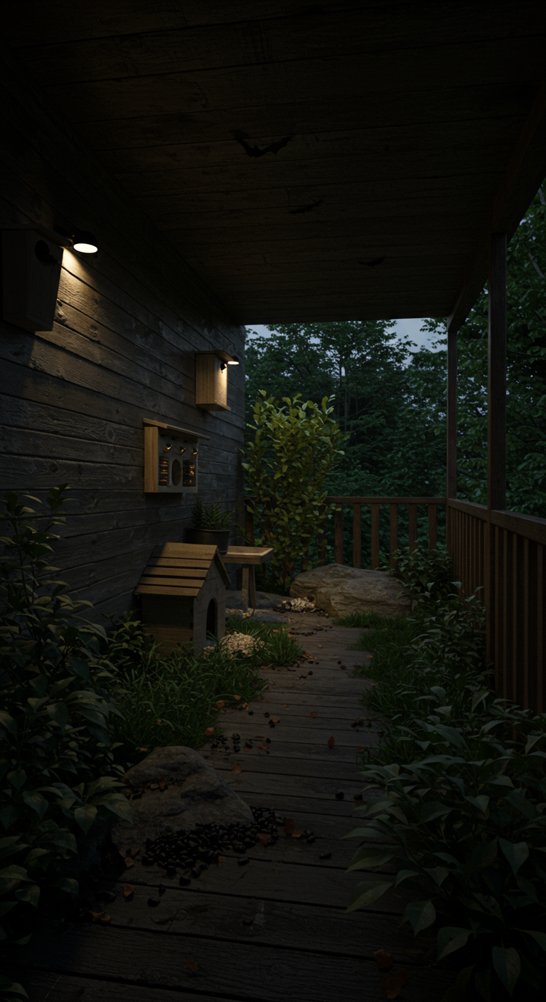 Dunkler, bewachsener Holzbalkon mit Hundehütte, Vogelhäuschen und gedämpftem Licht.