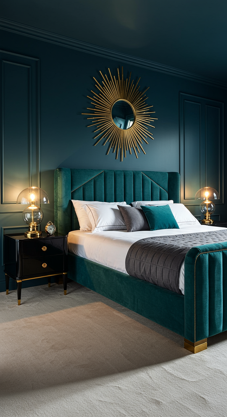 Petrolblaues Schlafzimmer im Art-Déco-Stil mit Samtbett und goldenem Sonnenspiegel.
